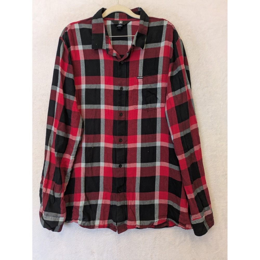 Volcom Men's XL Red Black Plaid‎ Flannel Long Sleeve Button Up Shirt Regular Fit